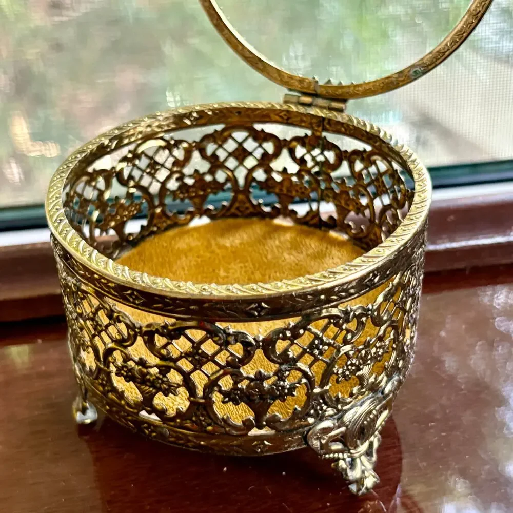 Vintage Gold Filigree Jewelry Casket Footed Trinket Box with Glass Lid